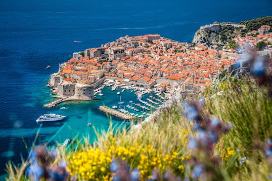 A panoramic aerial view of the historic town of Dubrovnik,