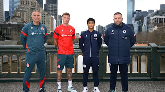 Wrexham’s coach Phil Parkinson and skipper James McClean alongside Victory’s Jordi Valadon and Arthur Diles.