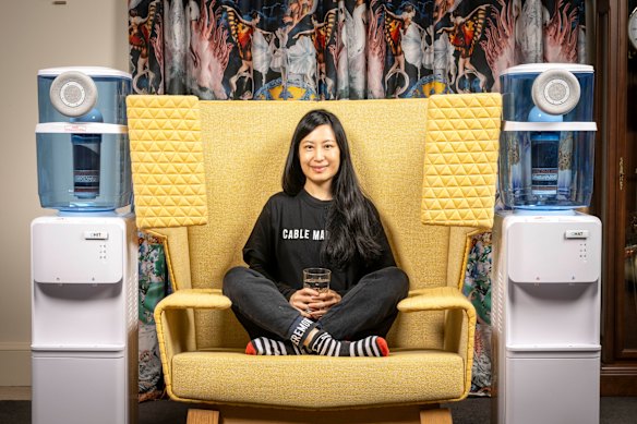 Monica Lim with her talking water coolers.