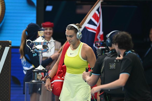Aryna Sabalenka, of Belarus, walks onto Rod Laver Arena for her match against American Madison Keys in the women’s singles final.