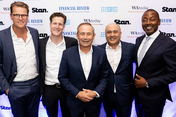 Melbourne Storm chief executive Justin Rodski, Perth Bears chief executive Anthony De Ceglie, WA Premier Roger Cook, APM chief executive Michael Anghie and Nine Perth managing director Clive Bingwa.