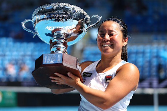 Yui Kamiji with the trophy after winning the women’s wheelchair singles final.