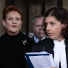 Pauline Hanson and Sue Chrysanthou, SC, outside the Federal Court in Sydney on Monday.