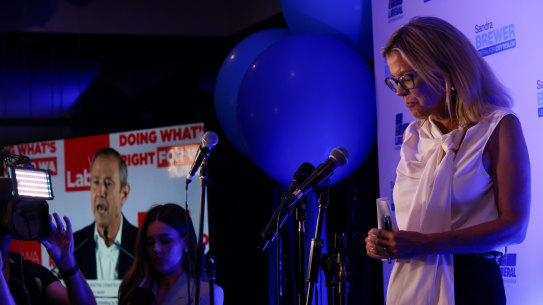 Liberal leader Libby Mettam conceding defeat at her function in Cottesloe on election night.