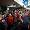 Australian Education Union Victorian branch president Justin Mullaly leads a teachers protest at Ben Carroll’s office in Niddrie. 19 June 2025.