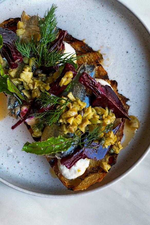 Sardines, ricotta and pickled beets on Darkwood sourdough.