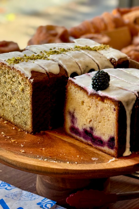 Lemon blackberry yoghurt and pistachio cardamom sour cream cakes.