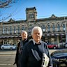Alan Nightingale, president of the Emerald Hill Residents Association, and Mitchell Dowd in front of the Patross Knitting Mills, which is opposite a new five-storey development.