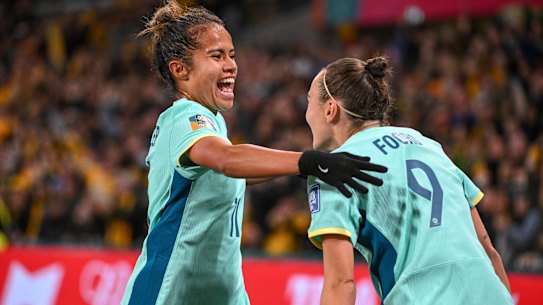 Mary Fowler celebrates after her goal put the Matildas 3-0 ahead.