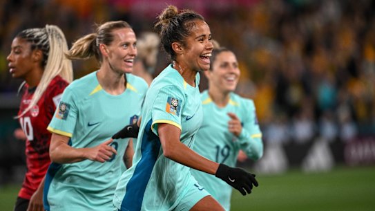 Mary Fowler celebrates her second-half goal.