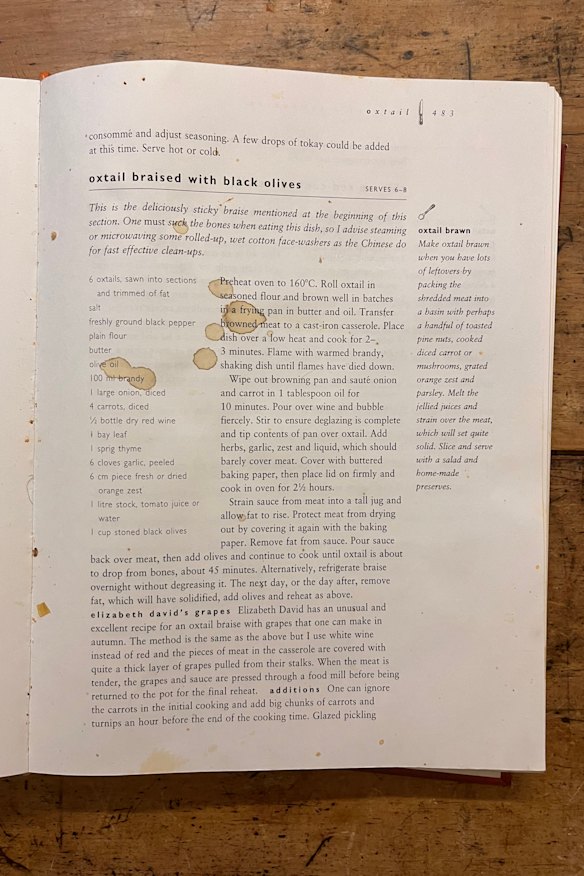 Nerida Phillips says the oxtail braised with black olives is one of her favourite recipes, evidenced by the splatter.