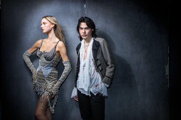 Fashion designer Samuel Lewis with model Sascha Rose from Chadwick Models, who wears “Tinsel Knight”, a look from his graduate collection.