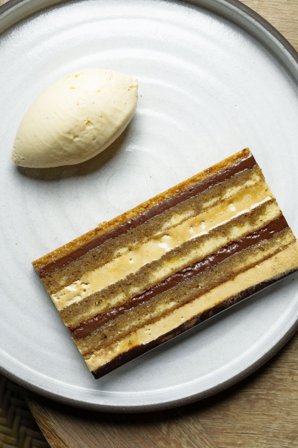 Almond and coffee opera cake.