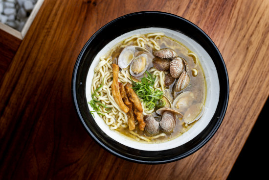 Asari soy ramen with poached clams at Gaku Robata and Grill.