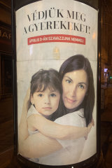 A contentious political advertisement in Budapest asking voters in Hungary to “protect children” by voting in Sunday’s referendum on gay and trans rights issues.