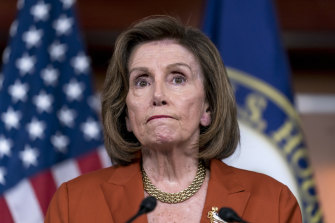 Speaker of the House Nancy Pelosi reacts to the Supreme Court decision overturning Roe v. Wade, during a news conference at the Capitol in Washington.