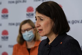 NSW Premier Gladys Berejiklian and Chief Health Officer Dr Kerry Chant at todayâs press conference. 
