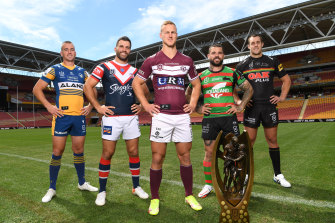 NRL captains of Sydney based teams ahead of the finals: Clint Gutherson of the Parramatta Eels, James Tedesco of the Sydney Roosters, Daly Cherry-Evans of the Manly-Warringah Sea Eagles, Adam Reynolds of the South Sydney Rabbitohs and Isaah Yeo of the Penrith Panthers.