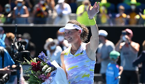 Sam Stosur waves to the crowd after her final Australian Open singles match last year.