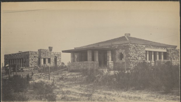 Under construction at  Castlecrag, the Sir William Elliott Johnson house with the Grant House in the background, circa 1922.