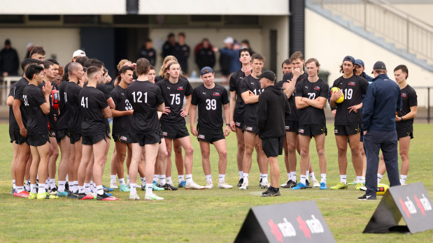 AFL Academy coach Tarkyn Lockyer addresses the Vic Metro squad on Monday.