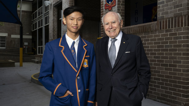 John Howard with fellow chess player, Hugo Tang, 15, at his former school, Canterbury Boys.