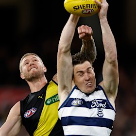 Nathan Broad and Jeremy Cameron on Friday night.