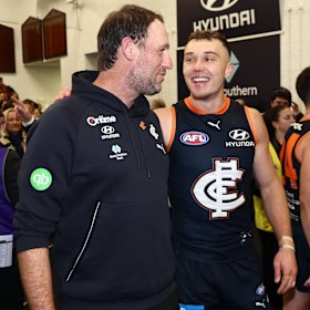 Josh Fraser and skipper Patrick Cripps after a Carlton win last month.