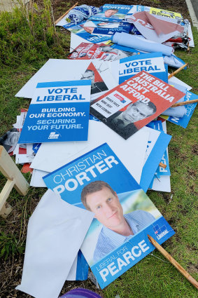 Christian Porter placards left dumped at East Butler Primary School. 
