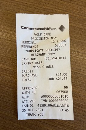 Receipt for lunch with Roxy Jacenko.