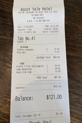 The bill at the Ascot Vale Hotel.