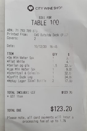 The receipt from City Wine Room.