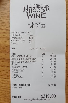 Receipt for lunch at Neighbourhood Wine.