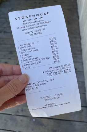 Receipt from lunch at The Stokehouse with Caroline Ralphsmith.