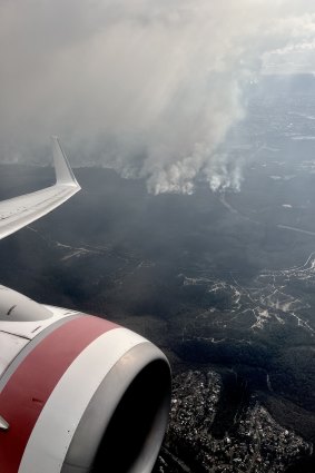 Hazard reduction burns photographed during the descent into Sydney on Sunday. 