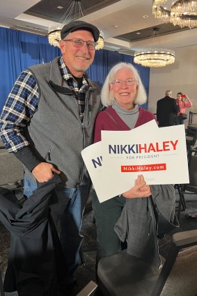 Terry and Richard Taylor Republican voters in Salem, New Hampshire, at a Nikki Haley rally the night before the polls open.