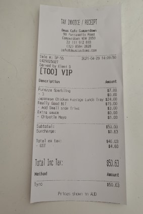 The receipt for lunch with Damon Herriman at Deus Cafe in Camperdown. 