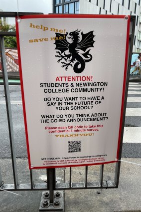 A poster outside Redfern station promoting a survey run by Newington parents opposing the co-ed move.