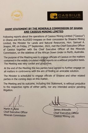 The statement signed by the Minerals Commission of Ghana and Cassius Mining.