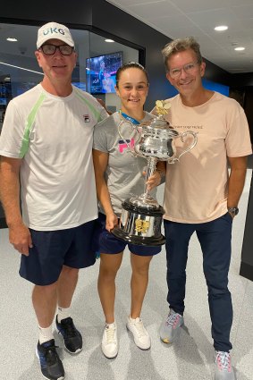 Ash Barty with coach Craig Tyzzer and mindset coach Ben Crowe after winning the Australian Open.