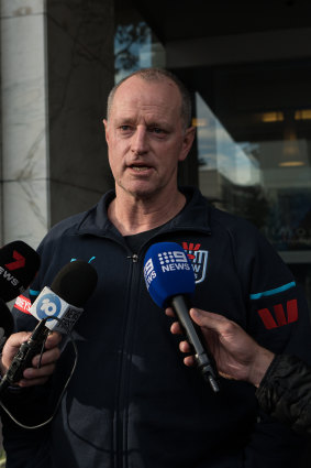 Michael Maguire faces the media the morning after game one.