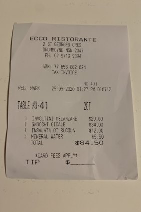 The receipt for lunch with Carol Ferrone at Drummoyne's Ecco Ristorante.