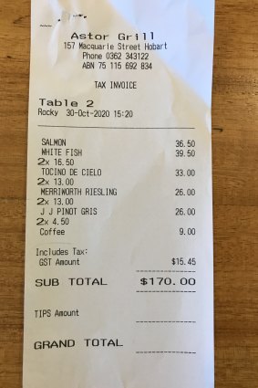 Receipt for lunch at The Astor Grill.