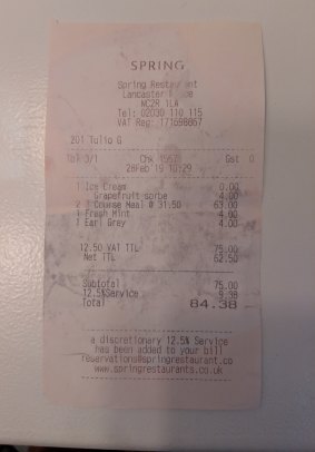 The receipt for lunch with George Brandis at Spring restaurant in London.