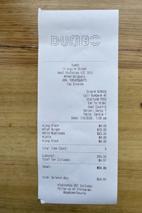 Accio bill: our receipt from Dumbo Cafe.