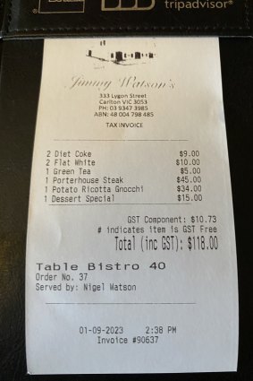 The bill at Jimmy Watson’s after a long lunch.