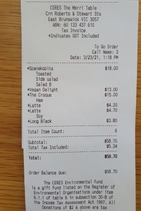Receipt for lunch at Merri Cafe, CERES.
