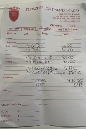 The receipt from Fleischer Continental Cakes, in Malvern.