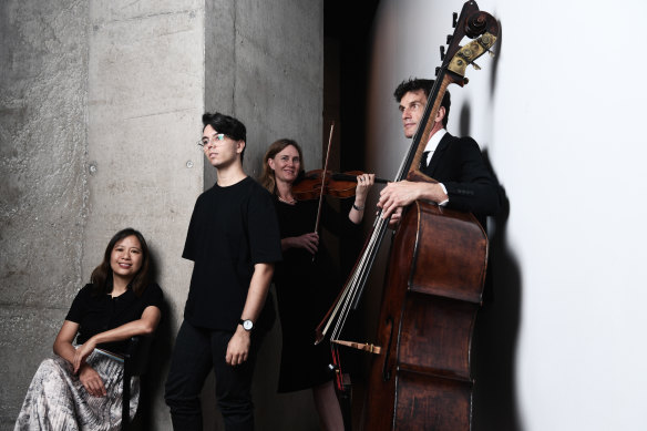 Composers Liza Lim and Connor d'Netto with SSO violist Rosemary Curtin and principal double bass Kees Boersma.