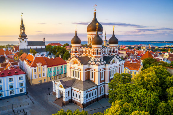 Aerial view of Alexander Nevsky Cathedral and St Mary’s Cathedral in Tallinn, Estonia. 